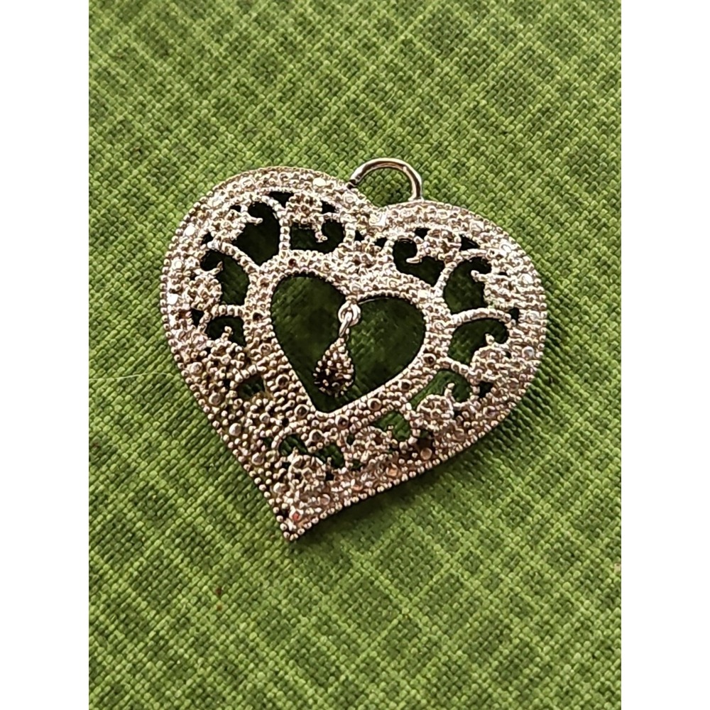 Sterling Silver Filigree Heart Dangle Center‎ Marcasite Pendant Necklace 1" VTG